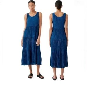 Eileen Fisher Crinkle Silk Sleeveless Midi Dress Deep Blue XS Tiered Minimalist